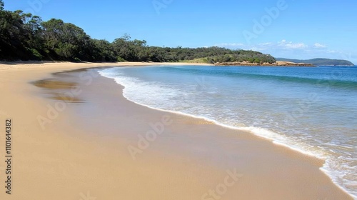 Wallpaper Mural A pristine, sun-kissed sandy beach with gentle waves lapping the shore, inviting relaxation and escape in a tranquil coastal paradise. Torontodigital.ca