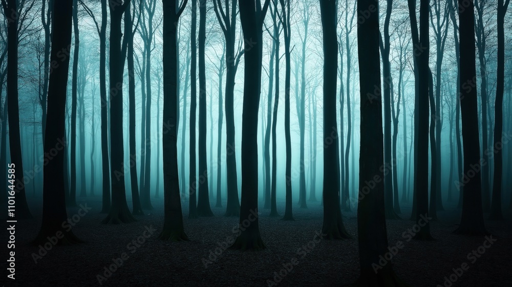 Naklejka premium Mysterious forest scenery with tall, bare trees standing close together in dense fog creating an eerie and atmospheric scene.