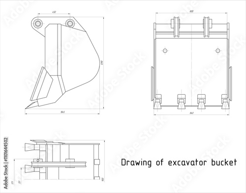 Vector bucket of earthmoving machine. 
Technical drawing of tractor part.
Engineering mechanical design of excavator tool
with dimension lines. Industrial 
cad scheme on paper sheet. 