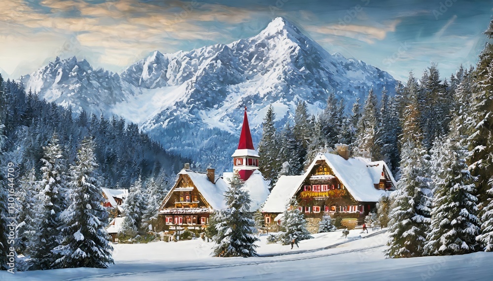 Santas enchanting hidden village nestled behind majestic mountains, surrounded by snow-laden Christmas trees, capturing the magic of a serene winter wonderland in breathtaking digital art.