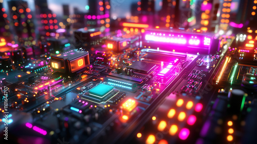 Brightly illuminated cityscape of technology circuitry at dusk showcasing vibrant colors and intricate designs. Generative AI