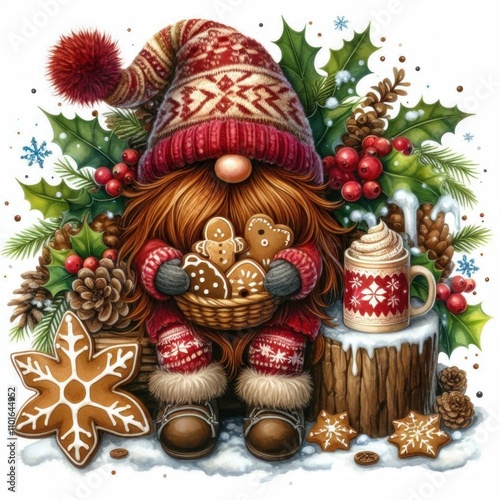 Festive Gnome with Gingerbread Cookies Hot Cocoa Christmas Illustration