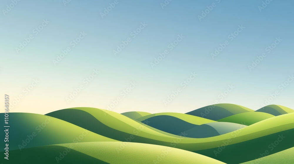 Obraz premium A serene summer landscape with rolling green hills under a clear blue sky, creating a peaceful and inviting background filled with the warmth of the season.