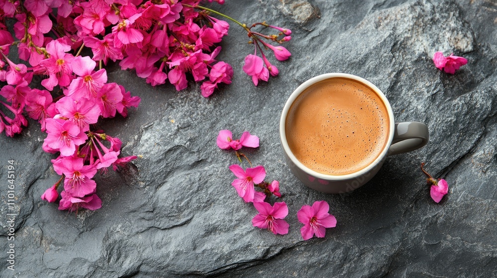 Cup of coffee beside vibrant pink flowers on a gray stone tabletop, creating a cheerful flat lay perfect for a delightful breakfast setting. Cup of coffee beside vibrant pink flowers on a gray stone tabletop, creating a cheerful flat lay perfect for a delightful breakfast setting.