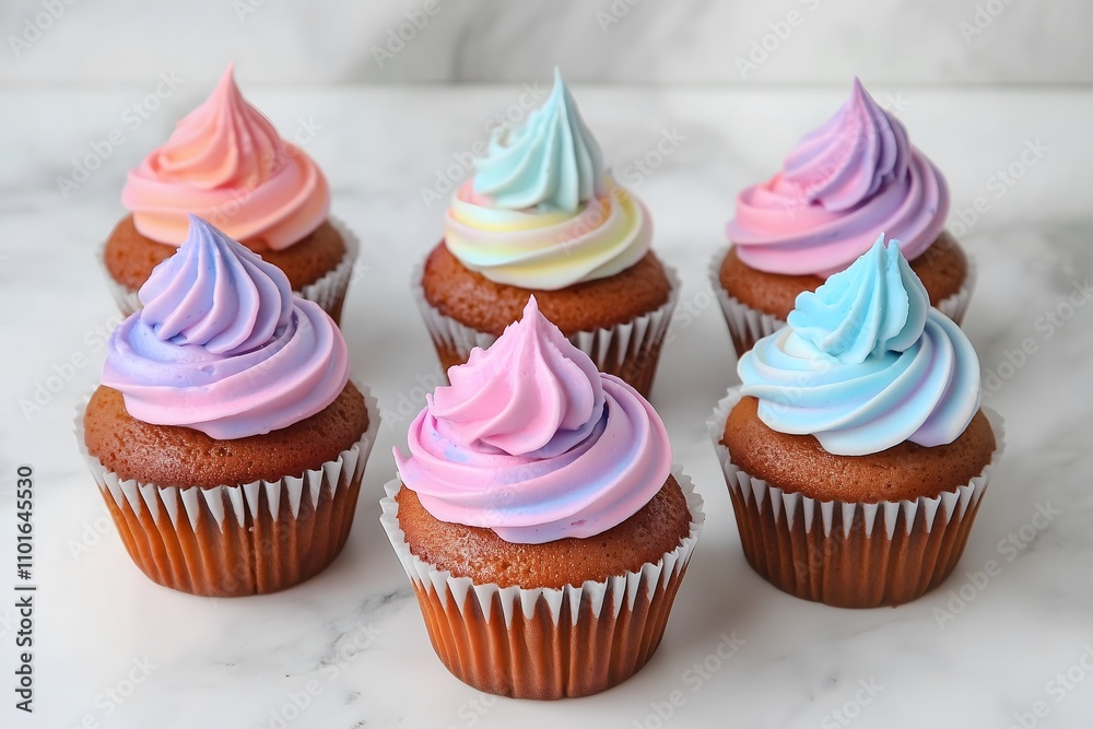 Six cupcakes with multiclored frosting Six cupcakes with multiclored frosting