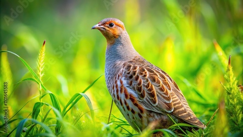 Stunning Double Exposure of a Gray Partridge in Lush Grasses - Captivating Wildlife Photography, Nature's Beauty, Avian Elegance, and Serene Outdoor Scenes