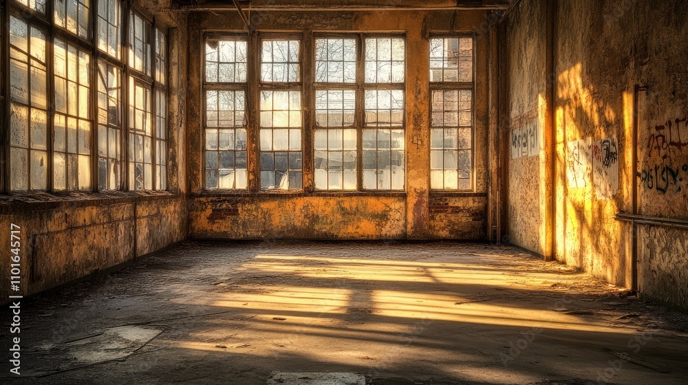 Abandoned factory interior showcasing crumbling walls and soft sunlight streaming through large windows, creating an atmospheric and nostalgic ambiance.