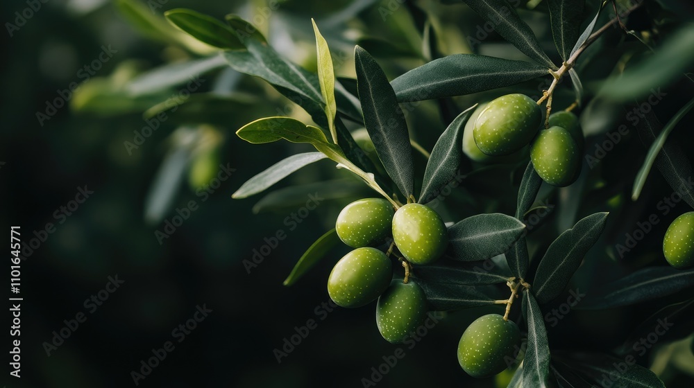 Fresh green olives clustered among vibrant leaves, set against a soft-focus dark background, creating a rich and natural atmosphere. Fresh green olives clustered among vibrant leaves, set against a soft-focus dark background, creating a rich and natural atmosphere.