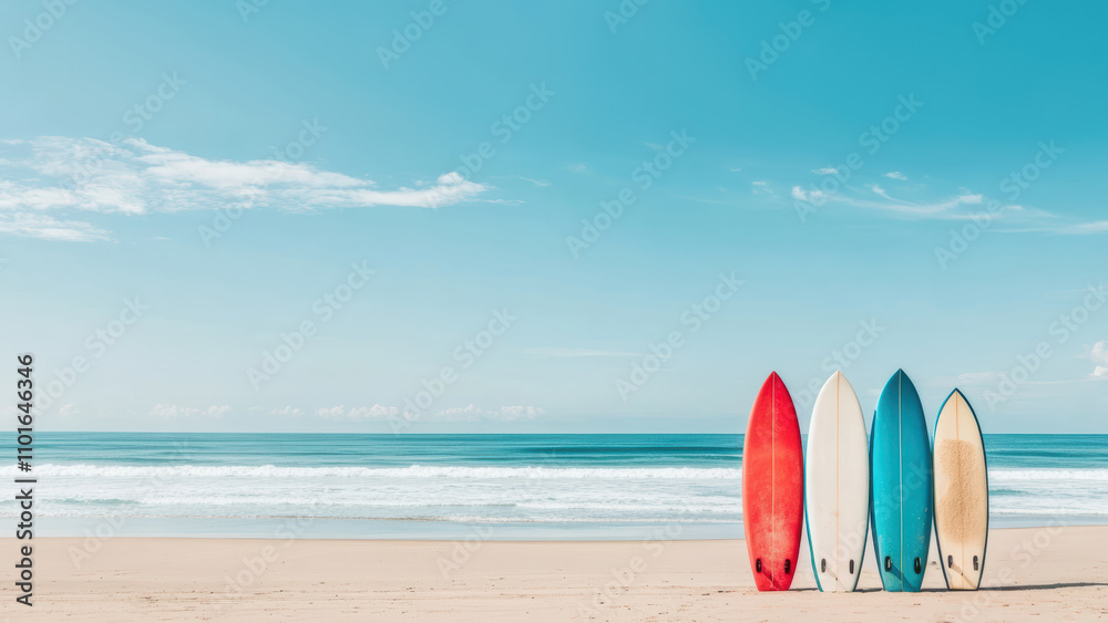 Minimalist beach scene with surfboards on the sand and a breathtaking sea, welcoming the summer season. Minimalist beach scene with surfboards on the sand and a breathtaking sea, welcoming the summer season.