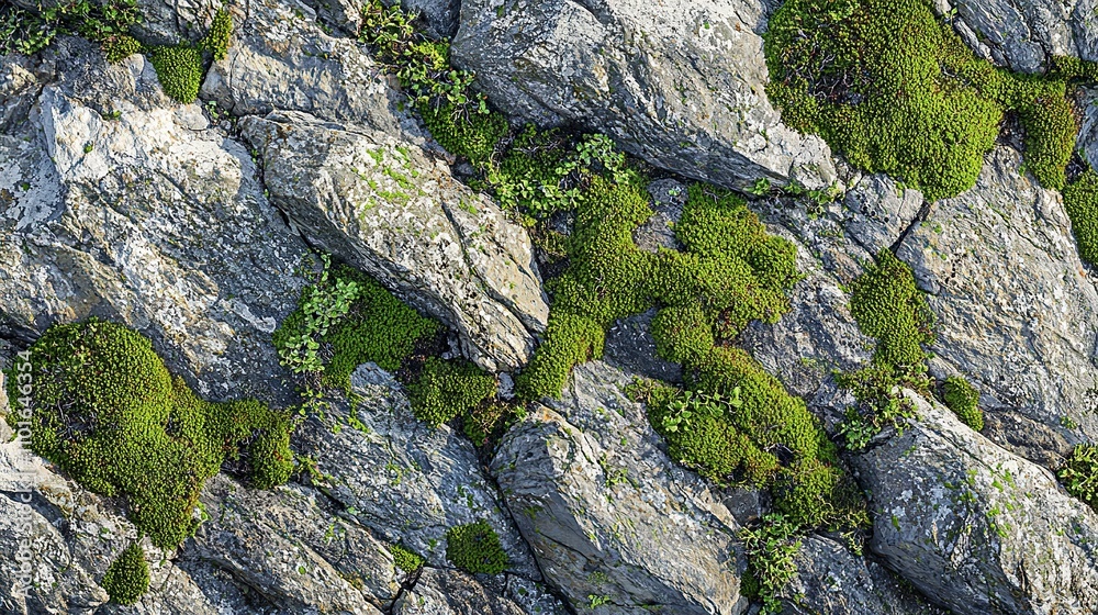Vibrant green moss growing on textured gray rocks in natural landscape Vibrant green moss growing on textured gray rocks in natural landscape