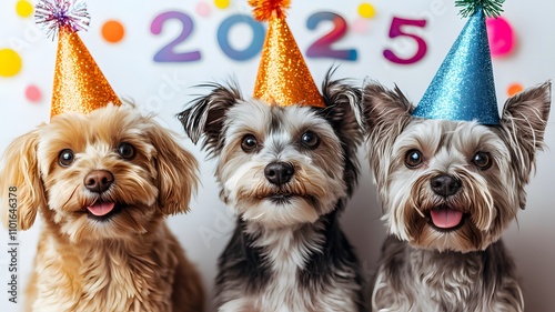 Cute dogs celeberate 2025 Happy New Year ,Animal Party ,wear party hats, with 