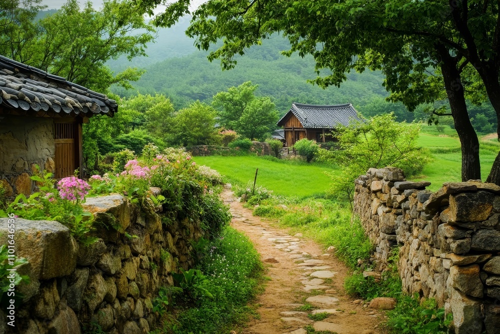 Stone path, houses, green hills, flowers, serene. Stone path, houses, green hills, flowers, serene.