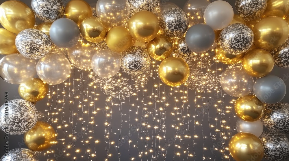 Chic Balloon Backdrop with Gold, Silver, and Clear Balloons Adorned with Twinkling String Lights for a Festive Celebration Chic Balloon Backdrop with Gold, Silver, and Clear Balloons Adorned with Twinkling String Lights for a Festive Celebration