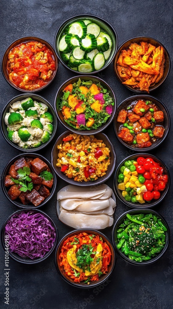 Aerial shot of festive buffet with global cuisines, meal design, cultural diversity on display