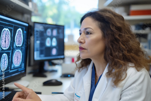 Medical professional analyzing brain scans at a research facility in daylight. Generative AI