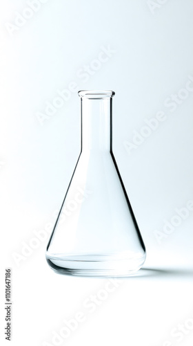 A clear glass laboratory flask stands upright against a light background, showcasing its simple, elegant design.