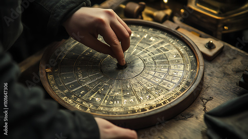  Person decoding a secret message with a vintage cipher wheel (2) photo