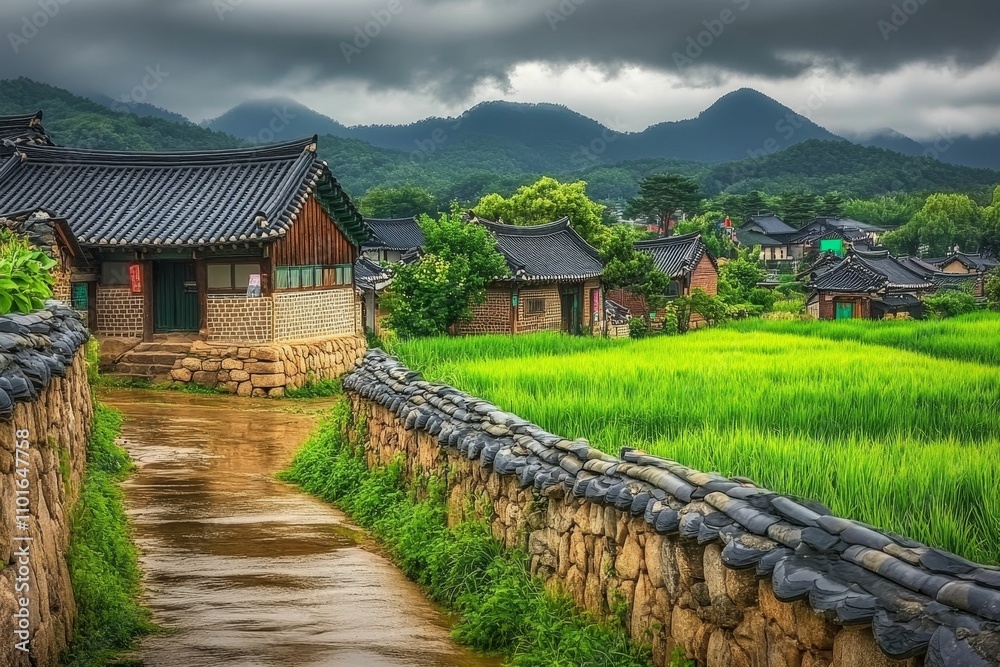 Korean village, stone walls, rice paddy, mountains. Korean village, stone walls, rice paddy, mountains.