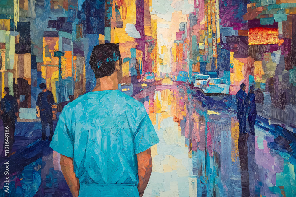 Obraz premium Man in blue scrubs gazes at colorful cityscape during twilight hours. Generative AI