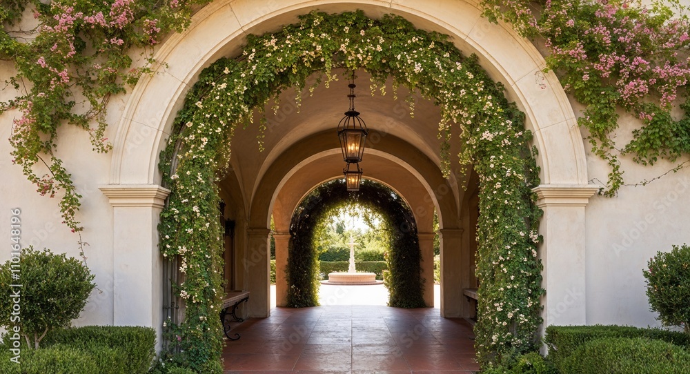 Fototapeta premium Decorative arches at entrances covered with flowering vines