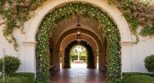 Decorative arches at entrances covered with flowering vines