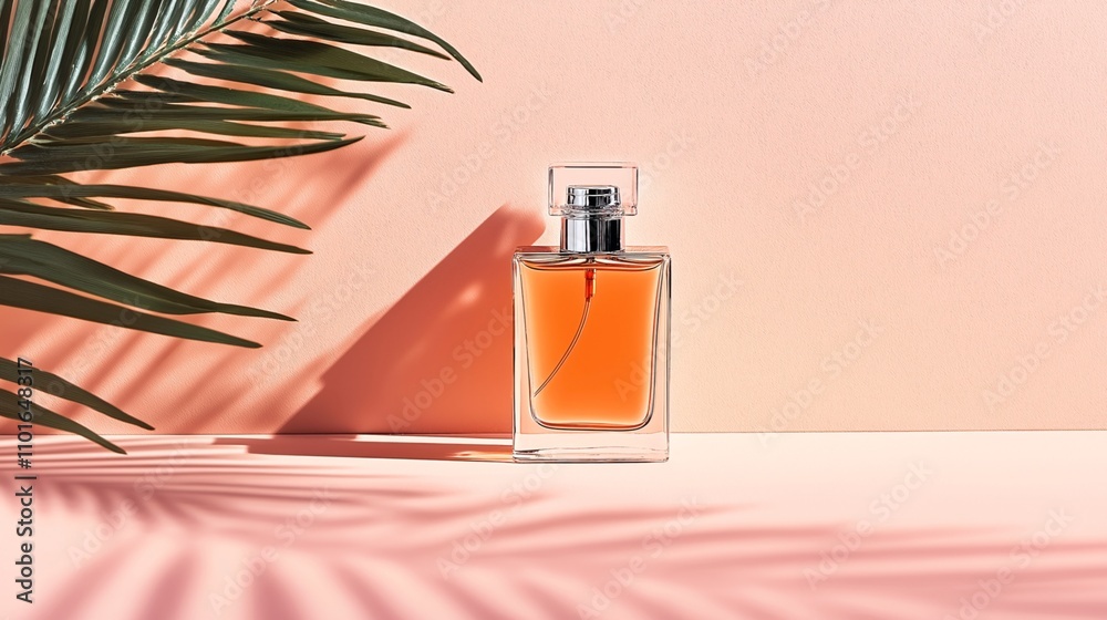 Perfume bottle on a pink background with palm leaf shadow featuring elegant glass design and orange liquid Perfume bottle on a pink background with palm leaf shadow featuring elegant glass design and orange liquid