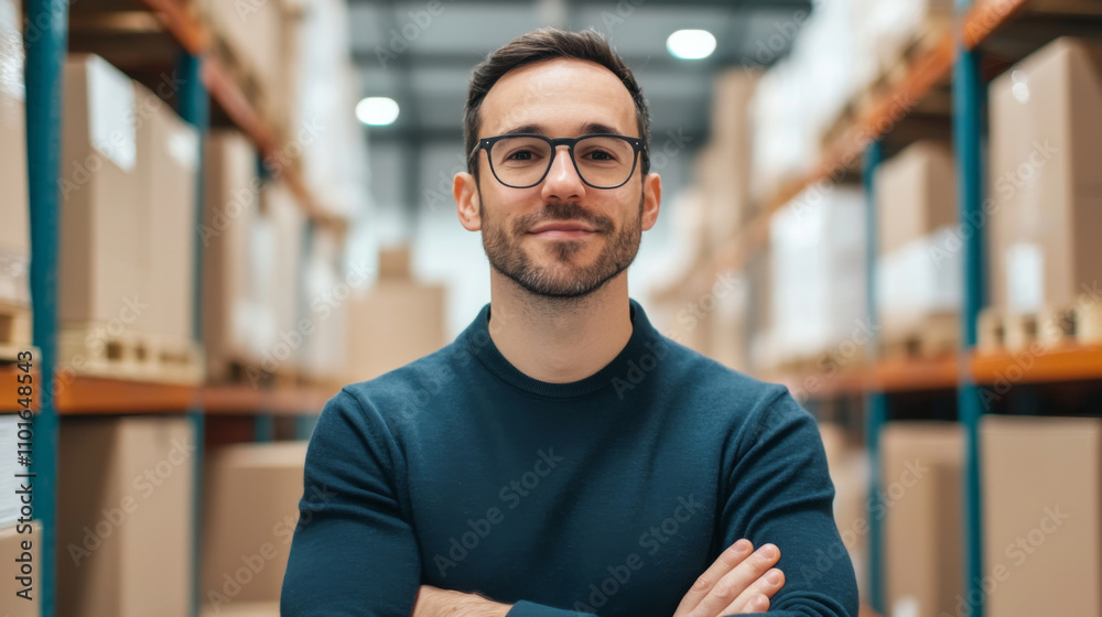 Warehouse worker smiling in modern storage facility professional portrait indoor environment optimistic outlook Warehouse worker smiling in modern storage facility professional portrait indoor environment optimistic outlook