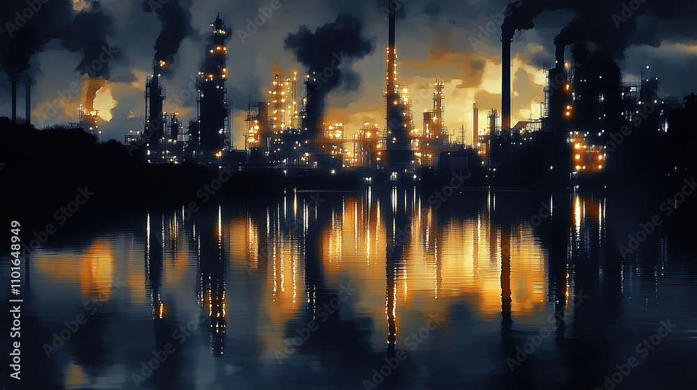 Fototapeta premium Industrial landscape with illuminated structures reflecting in water during twilight hours. Generative AI