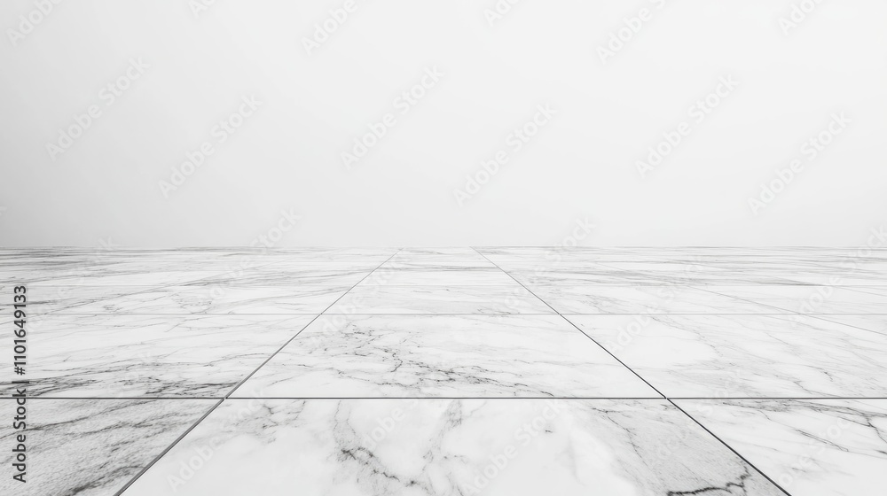 Vast perspective of a glossy marble floor featuring seamless tiles against a clean, white background, perfect for commercial advertising displays.