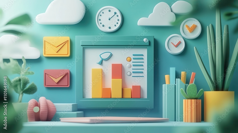 A colorful desk setup featuring a graph display, decorative items, and office supplies, creating a vibrant workspace atmosphere. A colorful desk setup featuring a graph display, decorative items, and office supplies, creating a vibrant workspace atmosphere.