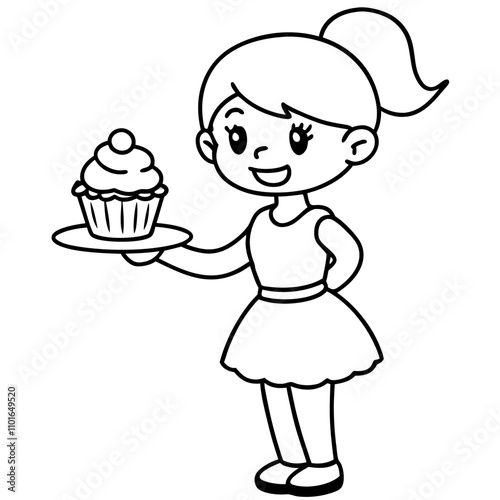 little girl serving cupcake cartoon illustration
