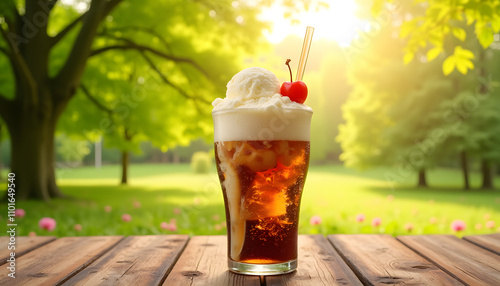 A glass of root beer and vanilla ice cream garnished with a cherry and a straw against a bright summer landscape with green trees and sunlight