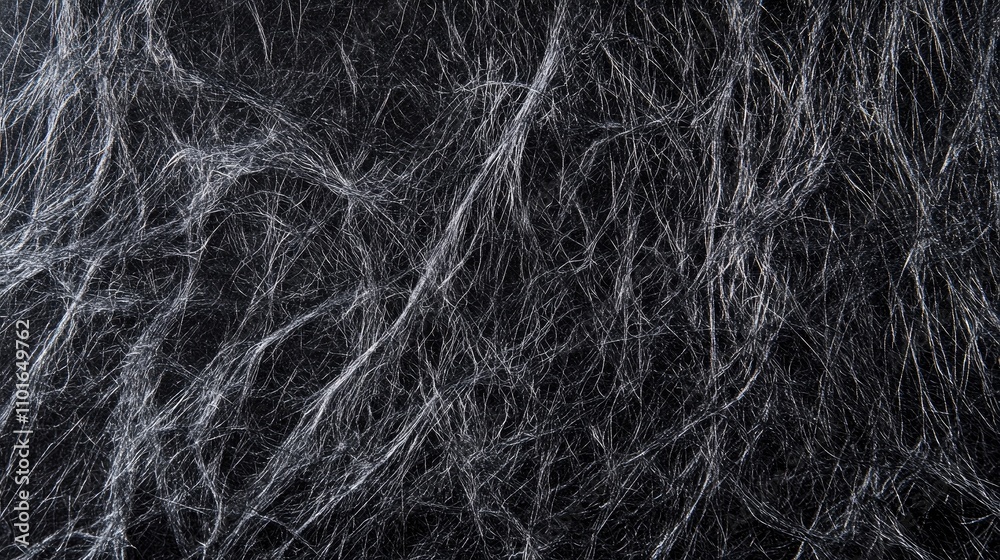 Fototapeta premium Detailed macro close-up of a rough black paper texture, showcasing intricate visible fibers and a strikingly textured surface from an overhead perspective.