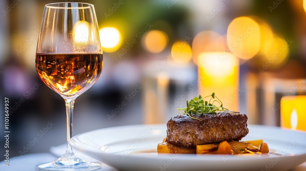 A beautifully plated dish with a glass of wine, set in a warm, ambient dining environment. A beautifully plated dish with a glass of wine, set in a warm, ambient dining environment.