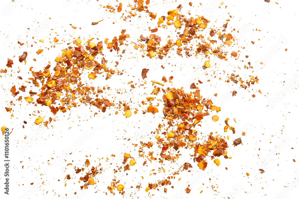 dried red chili pepper flakes and seeds isolated on white background dried red chili pepper flakes and seeds isolated on white background