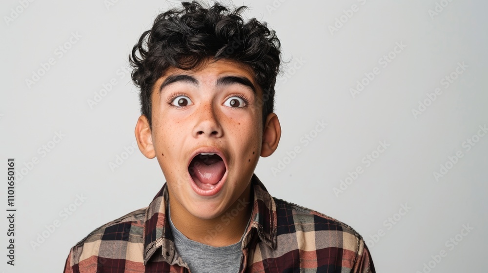 A young boy with a shocked expression dark hair and a plaid shirt. A young boy with a shocked expression dark hair and a plaid shirt.