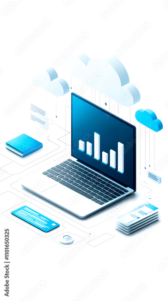 A sleek laptop displays data graphs, surrounded by cloud icons, symbolizing digital analytics and cloud computing technology. A sleek laptop displays data graphs, surrounded by cloud icons, symbolizing digital analytics and cloud computing technology.