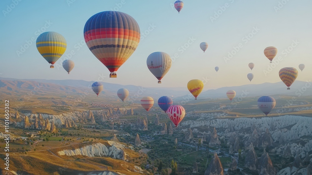 Fototapeta premium Colorful hot air balloons soaring over a picturesque landscape at sunrise.