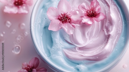 A creamy moisturizer adorned with pink blossoms, emphasizing beauty and skincare.