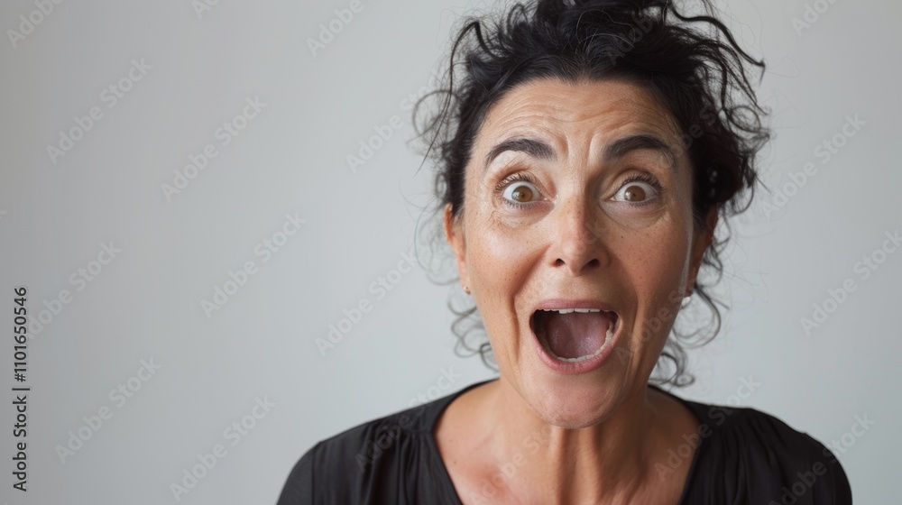 A middle age woman with a shocked expression her mouth Open in a wide. A middle age woman with a shocked expression her mouth Open in a wide.