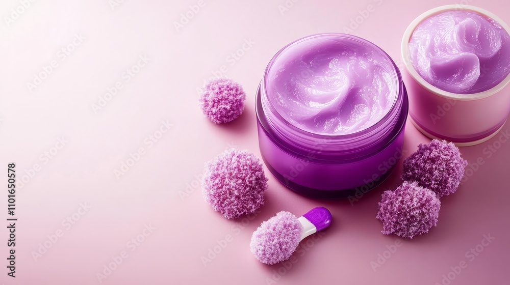 A vibrant display of purple skincare creams and tools on a soft pink background. A vibrant display of purple skincare creams and tools on a soft pink background.