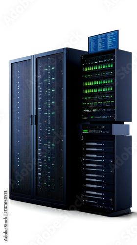 A sleek, high-tech server rack featuring multiple units, illuminated components, and advanced technology for data storage and processing.