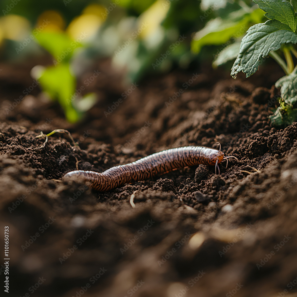 Creeping millipede organic garden soil nature close-up lush green environment ground level biodiversity exploration
