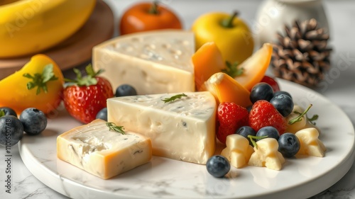 Delicious cheese platter with assorted fruits arranged on a marble serving board