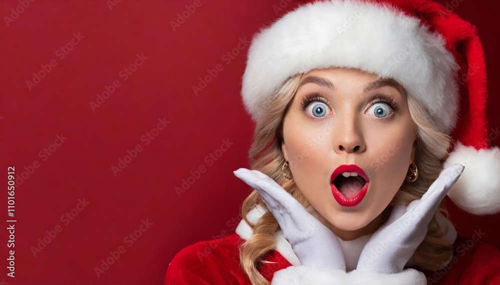 Surprised Santa Claus on Festive Red Background, Perfect for Holiday Designs and Promotions with Ample Space for Custom Copy, Highlighting Christmas Themes and Seasonal Cheer Surprised Santa Claus on Festive Red Background, Perfect for Holiday Designs and Promotions with Ample Space for Custom Copy, Highlighting Christmas Themes and Seasonal Cheer