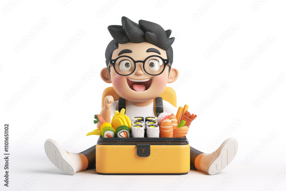 Cute cartoon character enjoying a sushi picnic with assorted fruits and snacks Cute cartoon character enjoying a sushi picnic with assorted fruits and snacks