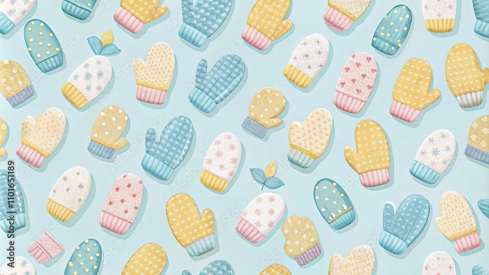 A Delightful Array of Pastel-Colored Winter Mittens Arranged in a Repeating Pattern on a Light Blue Background A Delightful Array of Pastel-Colored Winter Mittens Arranged in a Repeating Pattern on a Light Blue Background