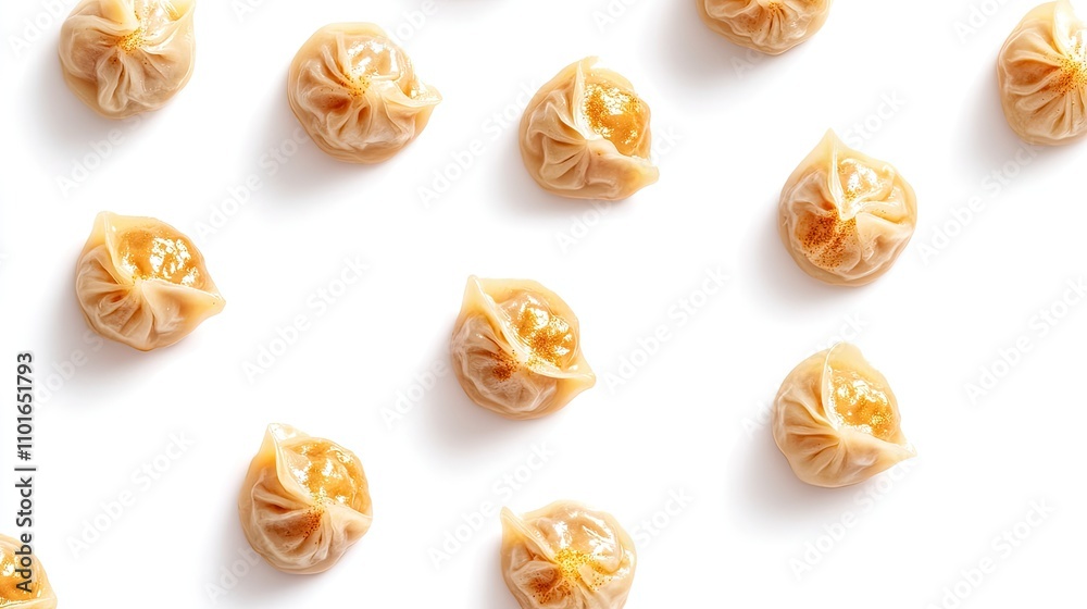 Bite-sized Asian dumplings with edible gold, stark white background 