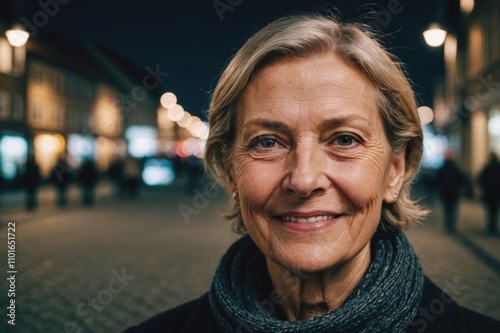 Close portrait of a smiling senior Danish woman looking at the camera, Danish city outdoors at night blurred background photo