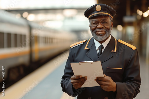 Conductor in uniform smiles while holding a clipboard at the train station. Generative AI